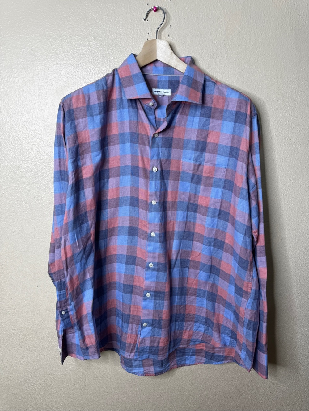 Peter Millar Men’s Blue Pink Plaid Long Sleeve Button Down Shirt XL